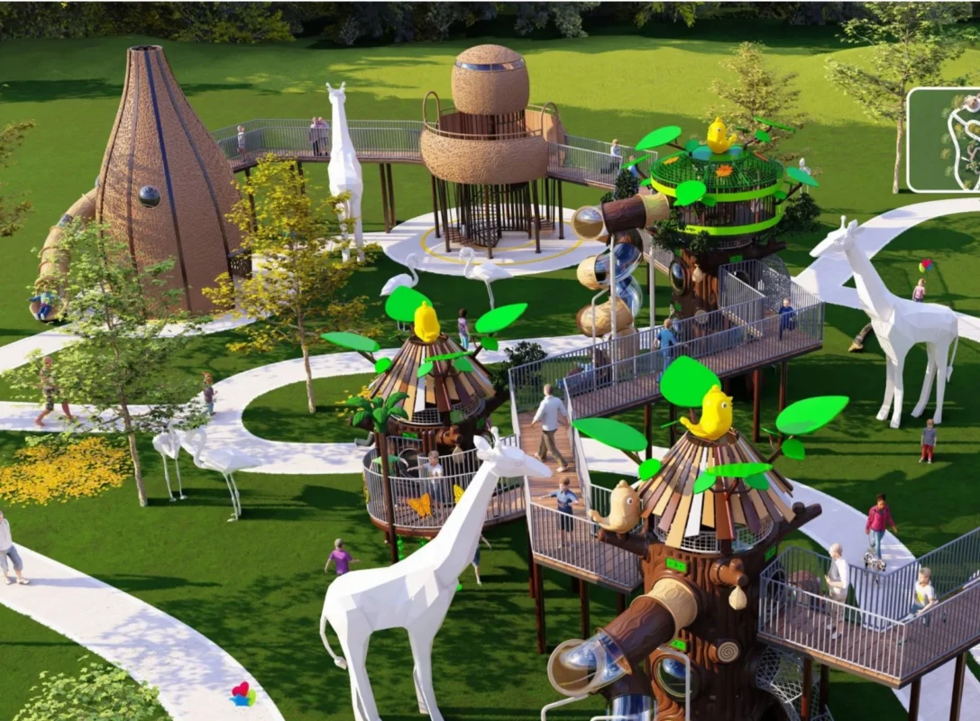 Custom Playground Design & Manufacturing | Factory-Direct OEM/ODM Support | Xinjiu Large custom nature-themed playground prepared for a destination project