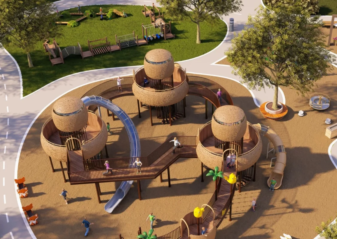 Custom outdoor playground concept arranged as a complete play environment