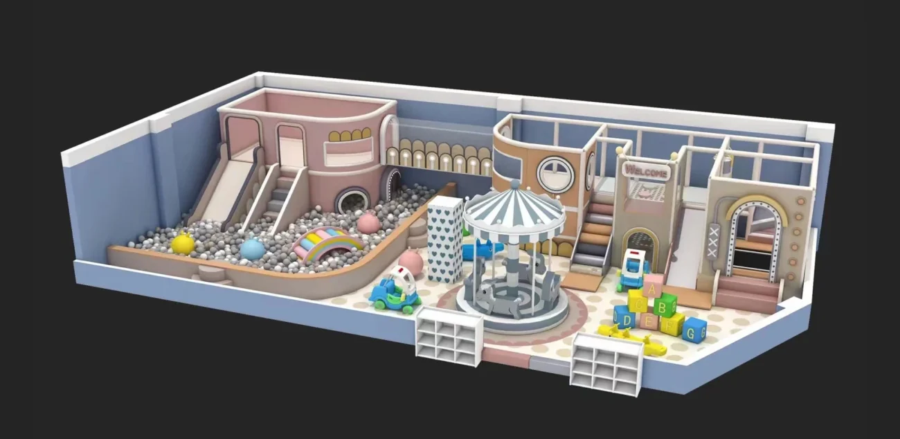Compact pastel soft play concept combining slides, a ball pool and play structures