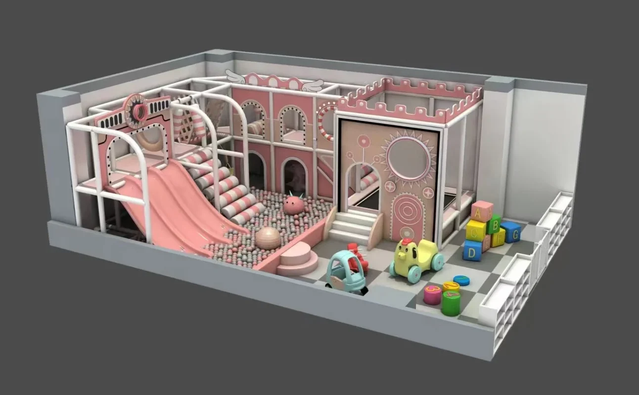 Compact indoor soft play structure with a slide and ball-pool activities