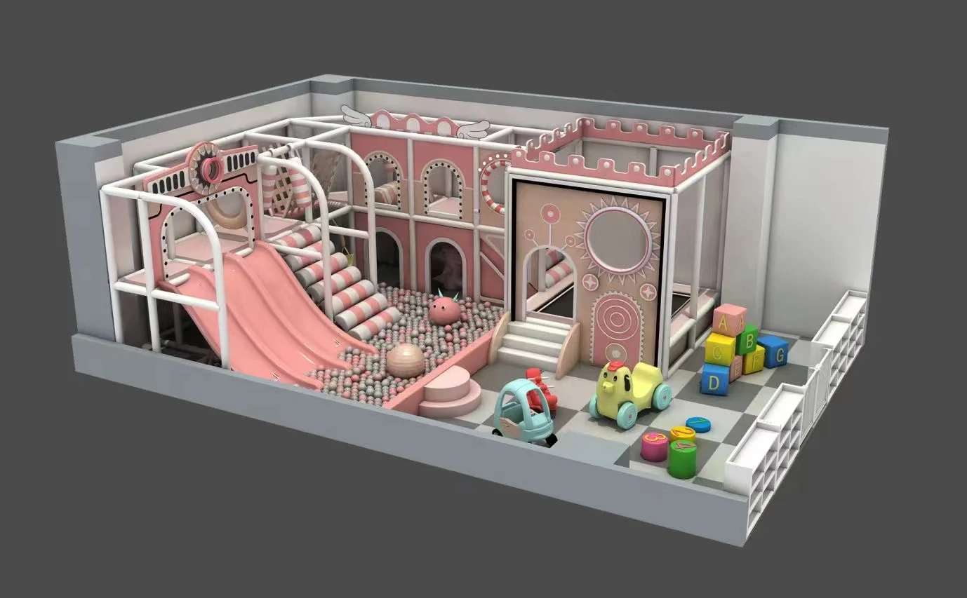 Compact indoor soft play structure with a slide and ball-pool activities
