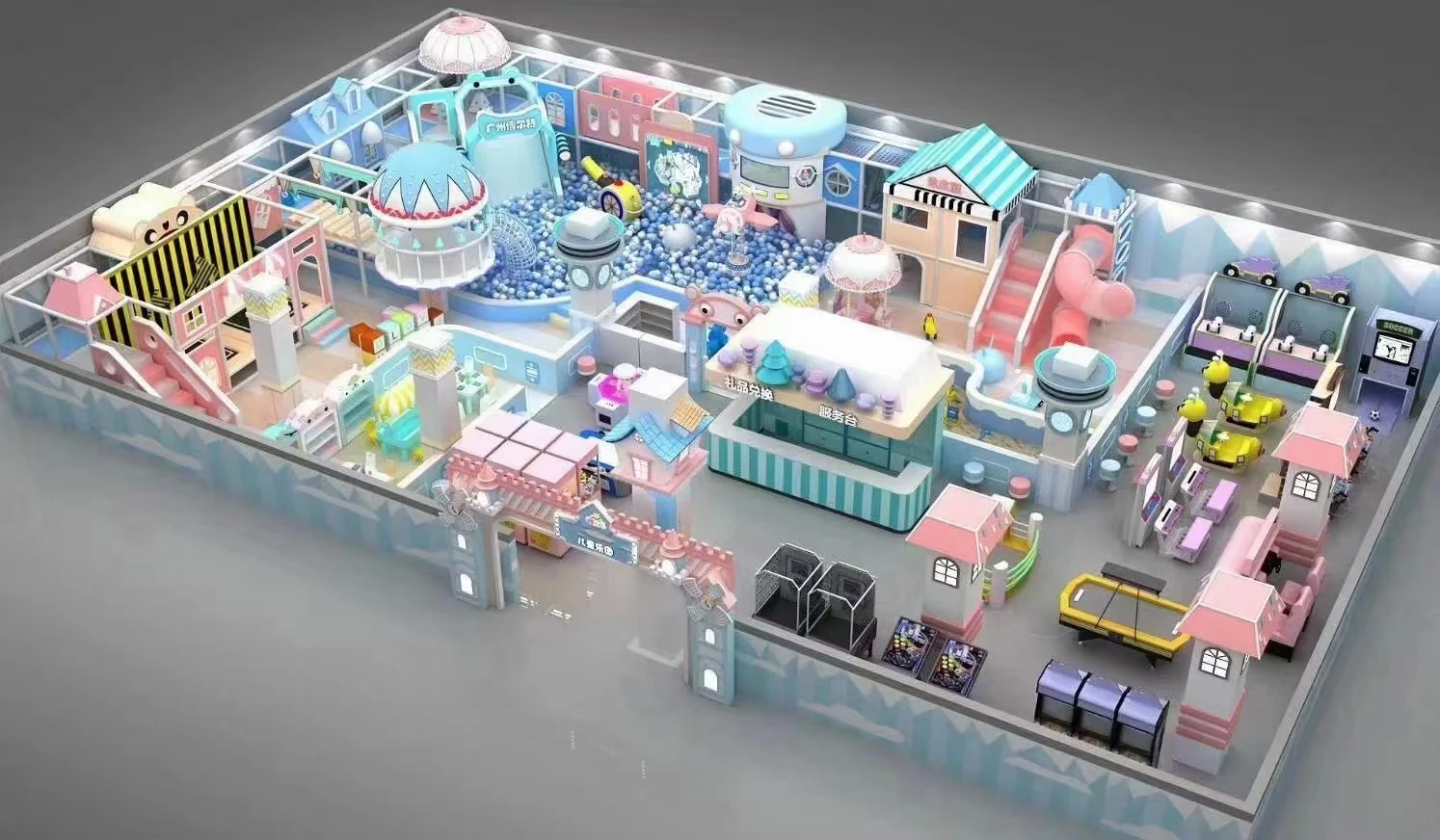 Pastel indoor playground concept with ball pools, slides and coordinated activity zones
