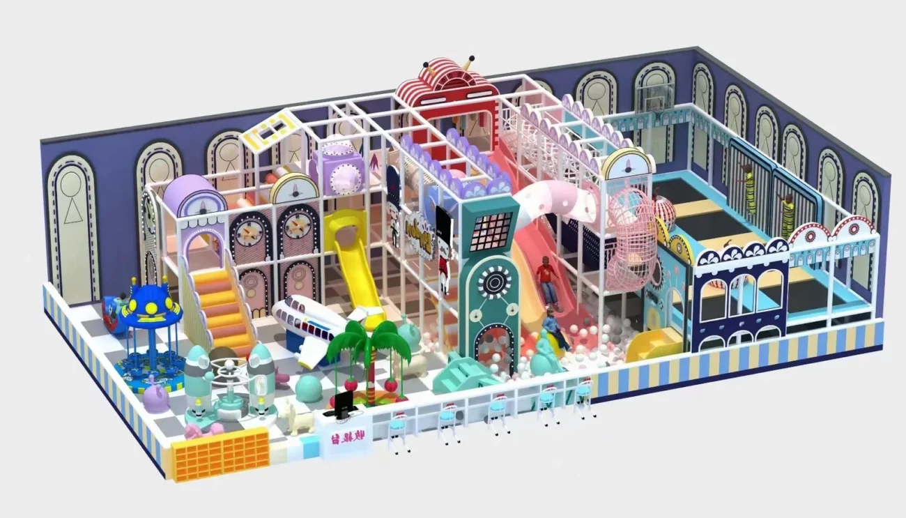 Themed indoor play concept with multilevel climbing structures, slides and activity areas