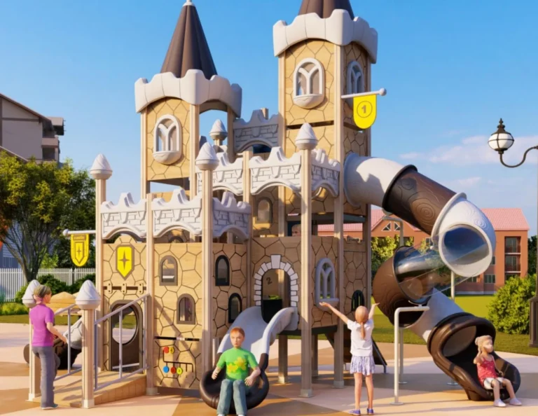 Playground Equipment Manufacturer | Indoor Soft Play & Custom Outdoor Playgrounds | Xinjiu Tall castle-themed combination playground concept with twin towers and enclosed slides