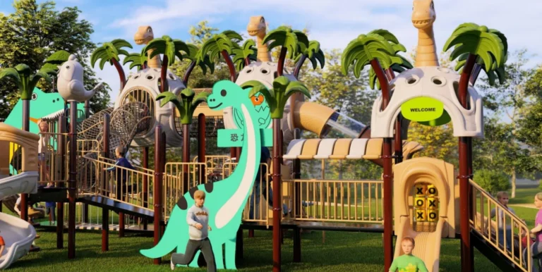 Playground Equipment Manufacturer | Indoor Soft Play & Custom Outdoor Playgrounds | Xinjiu Dinosaur-themed custom combination playground with animal forms and connected bridges