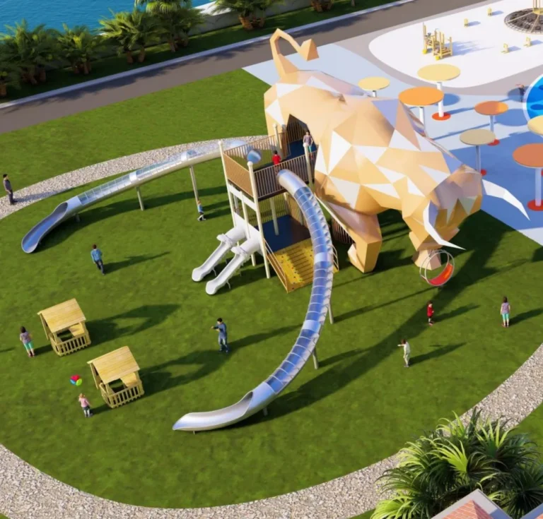 Playground Equipment Manufacturer | Indoor Soft Play & Custom Outdoor Playgrounds | Xinjiu Large faceted animal-shaped bespoke playground concept with long slides