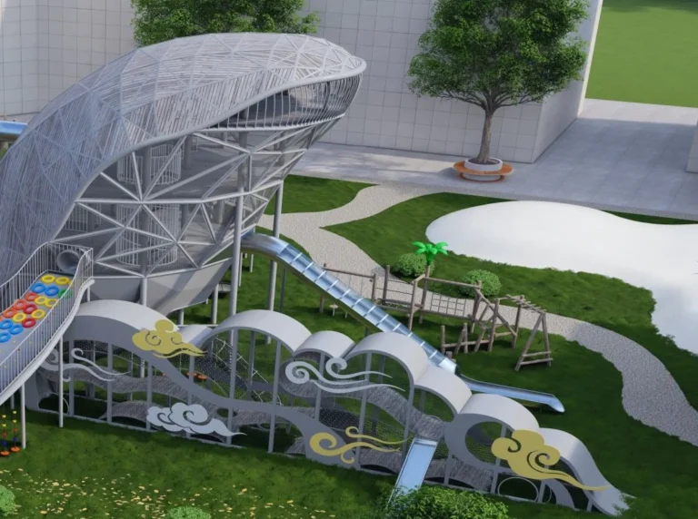 Playground Equipment Manufacturer | Indoor Soft Play & Custom Outdoor Playgrounds | Xinjiu Sculptural bird-shaped playground concept with a large steel framework and connected slides