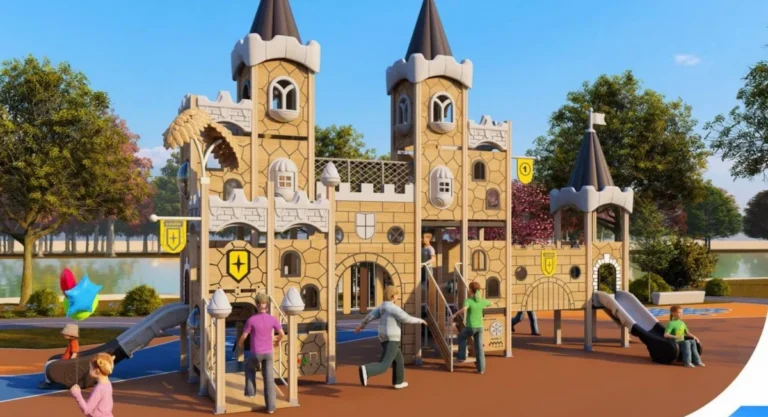 Playground Equipment Manufacturer | Indoor Soft Play & Custom Outdoor Playgrounds | Xinjiu Large castle-themed playground concept with twin towers, connecting platforms and slides
