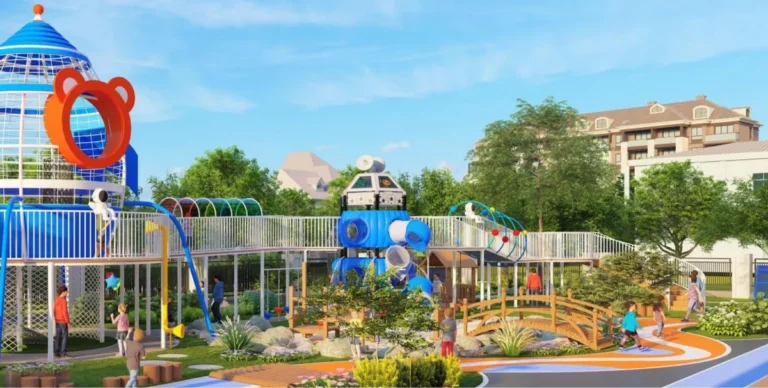 Playground Equipment Manufacturer | Indoor Soft Play & Custom Outdoor Playgrounds | Xinjiu Space-themed custom playground concept with blue rocket towers and linked activity structures