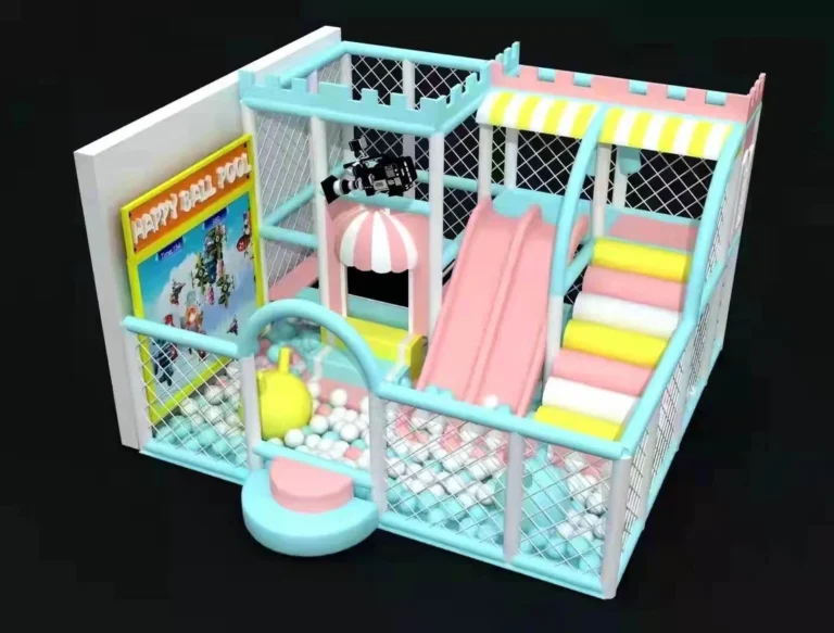 Playground Equipment Manufacturer | Indoor Soft Play & Custom Outdoor Playgrounds | Xinjiu Mint and pink indoor soft-play house with twin slide lanes and ball pool