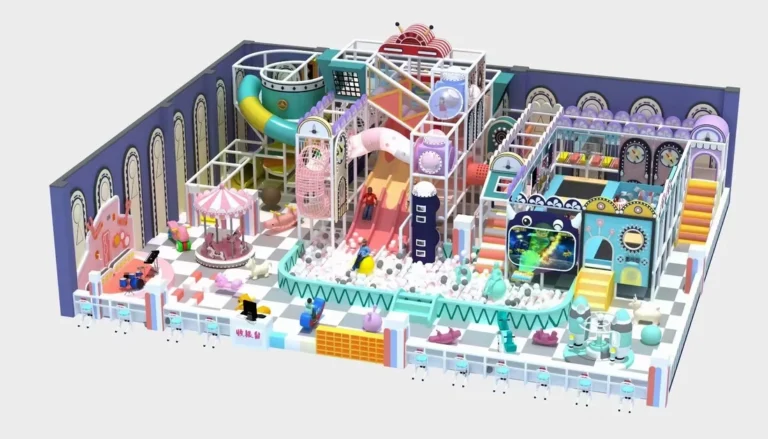 Playground Equipment Manufacturer | Indoor Soft Play & Custom Outdoor Playgrounds | Xinjiu Colorful multi-level indoor soft-play concept with themed towers and linked activity zones