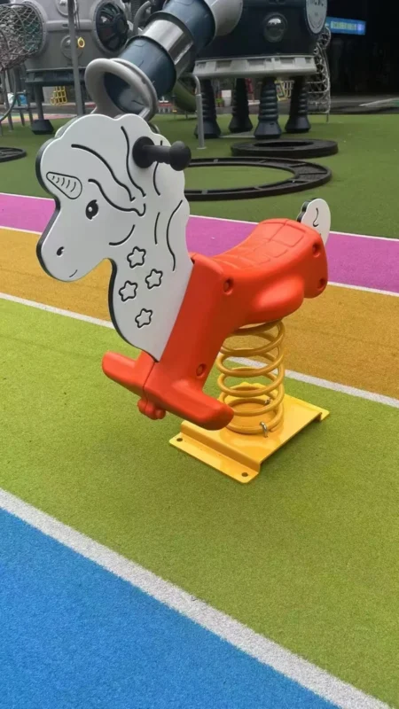 Playground Equipment Manufacturer | Indoor Soft Play & Custom Outdoor Playgrounds | Xinjiu Zebra spring rider on bright blue and green outdoor surfacing