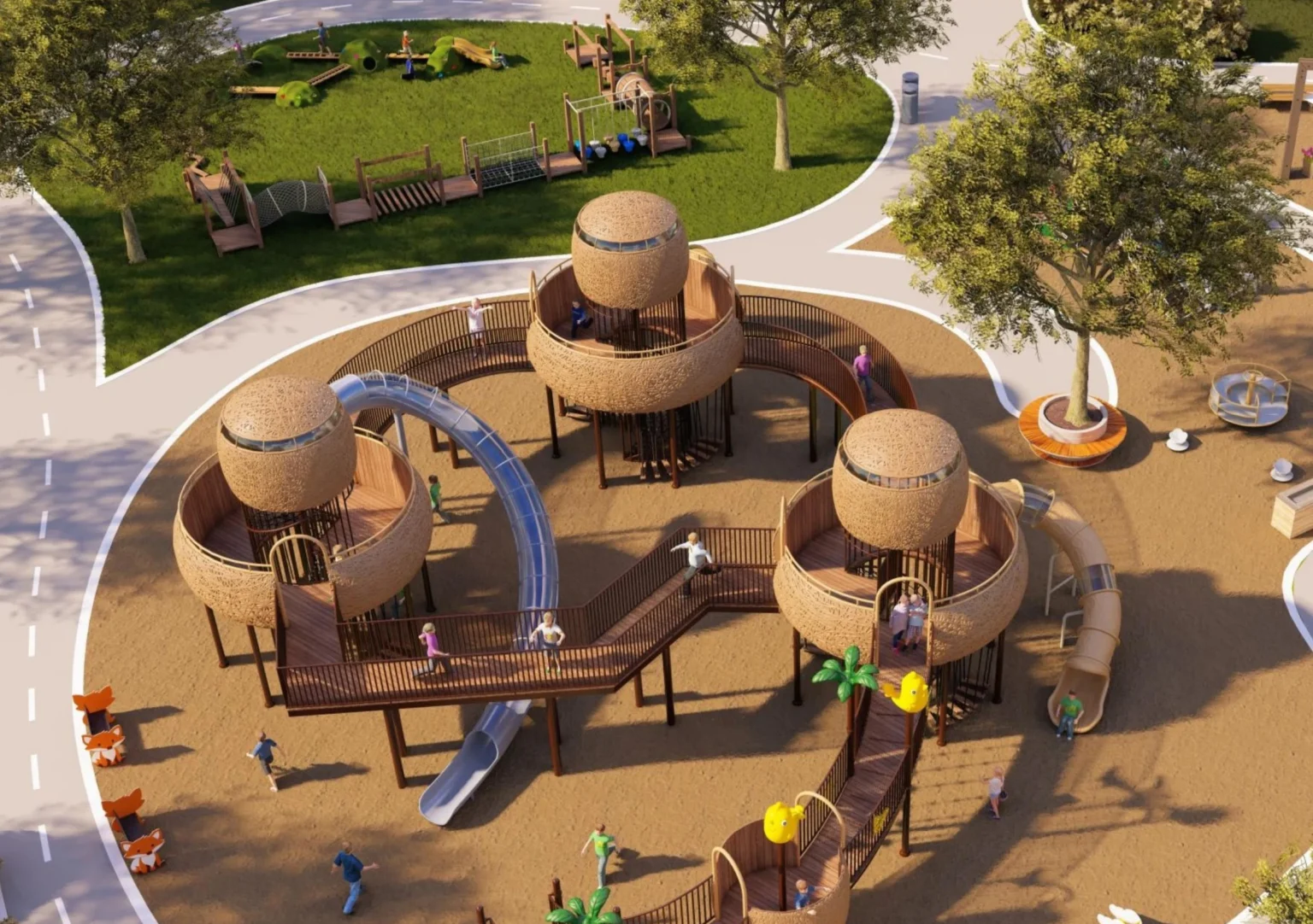 Playground Equipment Manufacturer | Indoor Soft Play & Custom Outdoor Playgrounds | Xinjiu Bird's nest playground concept with sculptural towers, connecting bridges and slides set in a landscaped park