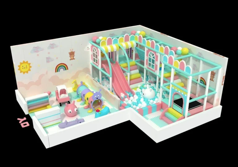 Playground Equipment Manufacturer | Indoor Soft Play & Custom Outdoor Playgrounds | Xinjiu Compact mint and pink indoor soft-play concept with stairs, a slide and ball pool