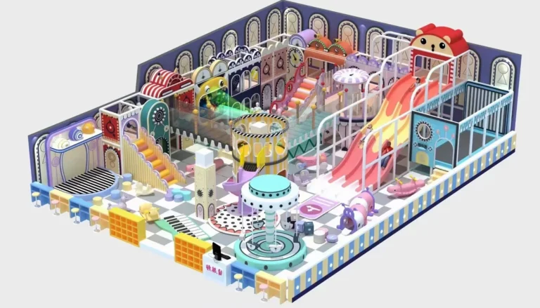 Playground Equipment Manufacturer | Indoor Soft Play & Custom Outdoor Playgrounds | Xinjiu Large indoor family play-center concept with colorful towers, linked routes and multiple slides