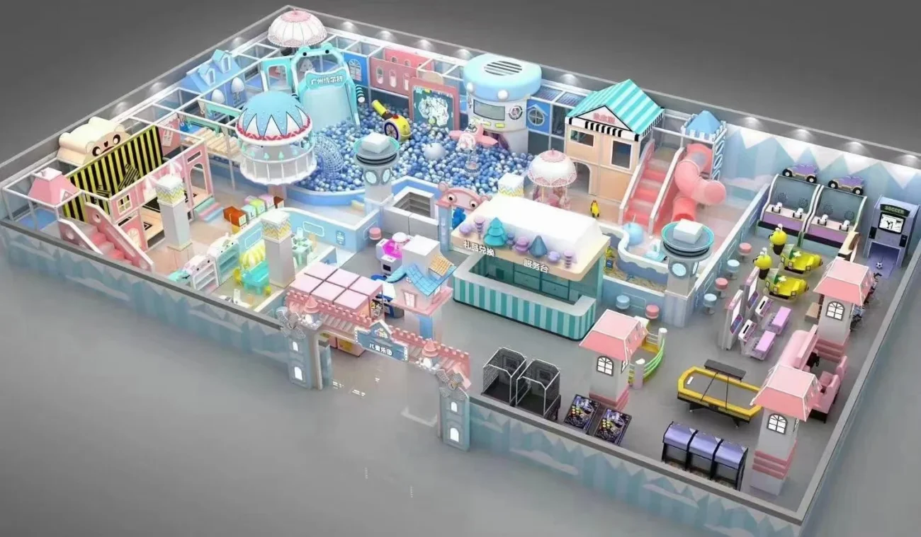 Playground Equipment Manufacturer | Indoor Soft Play & Custom Outdoor Playgrounds | Xinjiu Pastel-colored indoor soft-play concept with linked towers, slides, ball pools and themed activity zones
