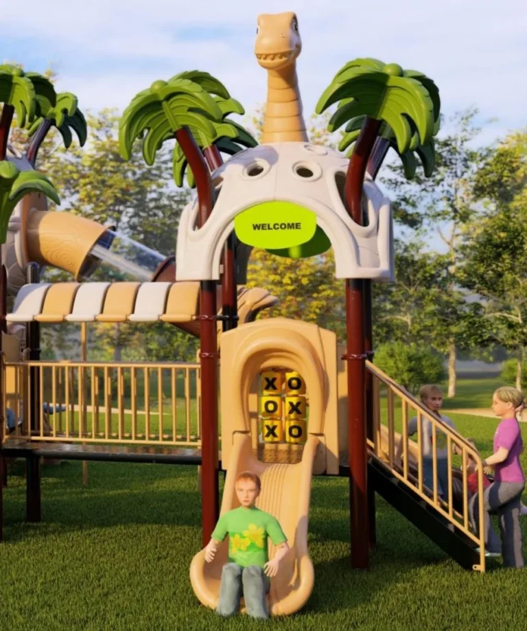 Playground Equipment Manufacturer | Indoor Soft Play & Custom Outdoor Playgrounds | Xinjiu Dinosaur-themed playground with a large dinosaur head and tree-shaped play towers