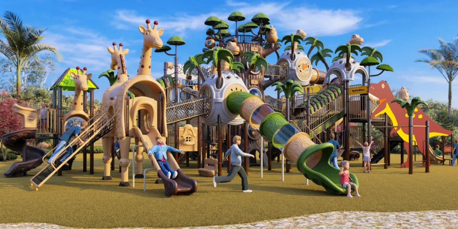Playground Equipment Manufacturer | Indoor Soft Play & Custom Outdoor Playgrounds | Xinjiu Forest-themed play landscape with tree canopies, animal figures and slides