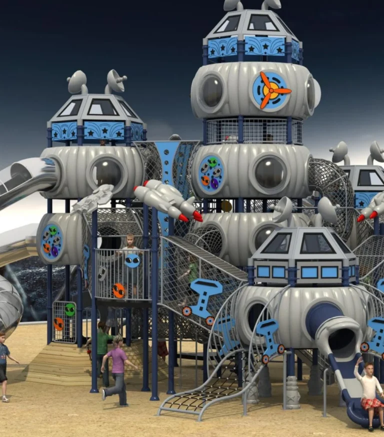 Playground Equipment Manufacturer | Indoor Soft Play & Custom Outdoor Playgrounds | Xinjiu Space base playground with rocket-shaped towers, tube slides and connecting routes