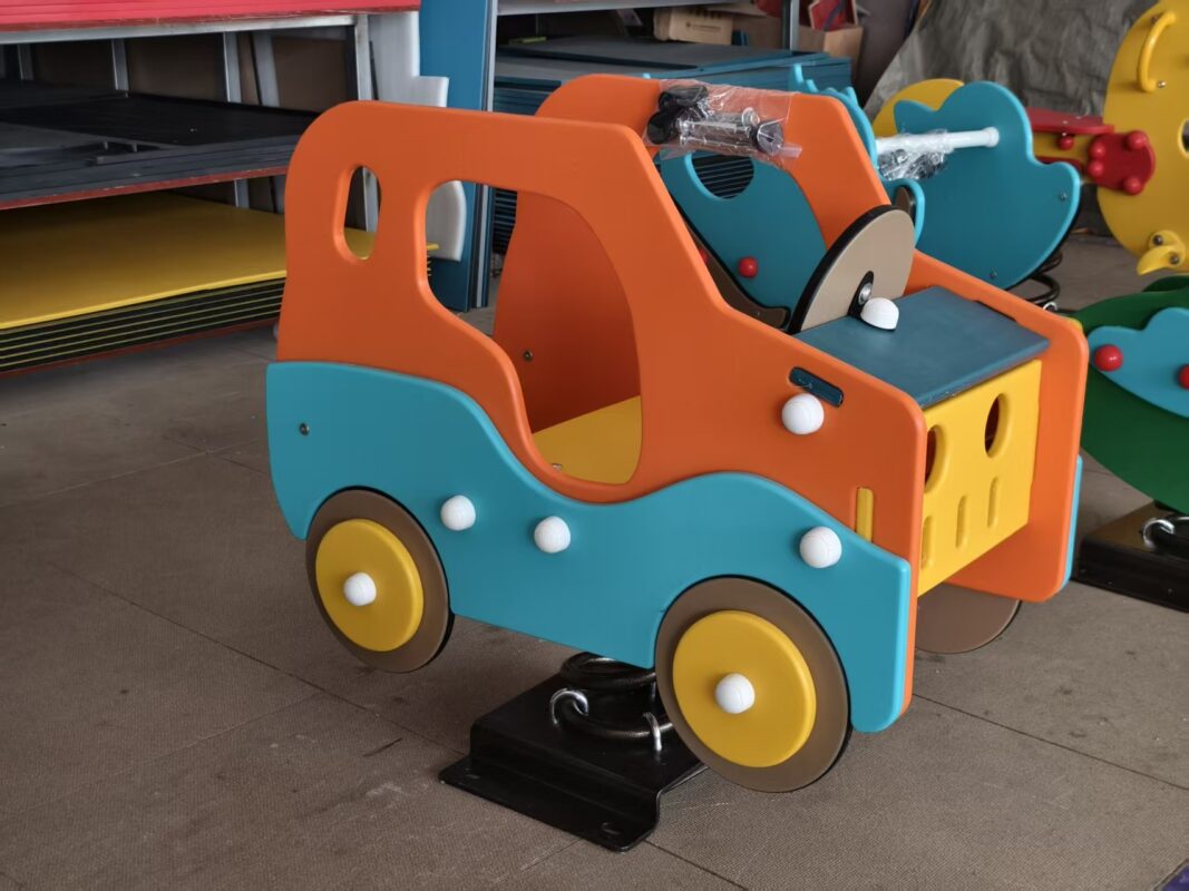 Indoor & Outdoor Playground Equipment | Soft Play, Custom Structures & Slides | Xinjiu Orange and blue car PE panel spring rider
