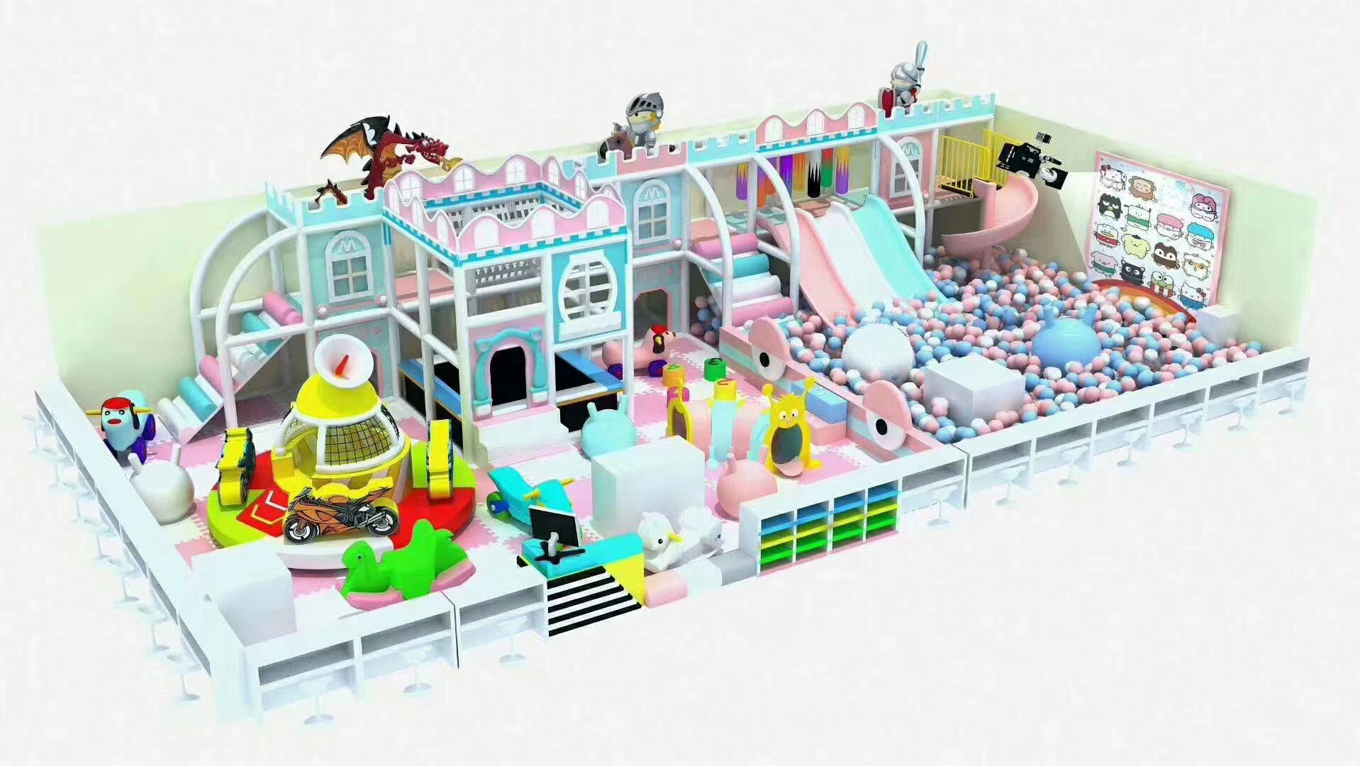 Castle theme commercial indoor playground with double slides climbing routes and ball pool