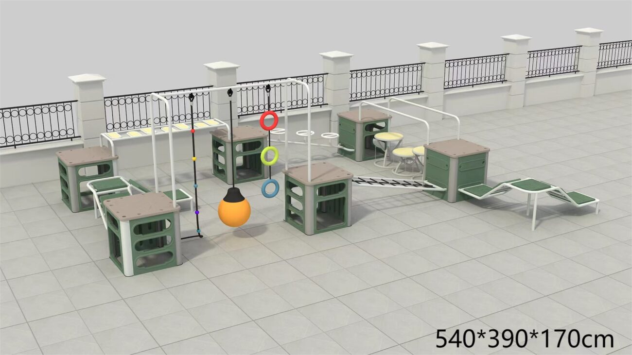 Indoor & Outdoor Playground Equipment | Soft Play, Custom Structures & Slides | Xinjiu Full circuit outdoor obstacle course in neutral colors