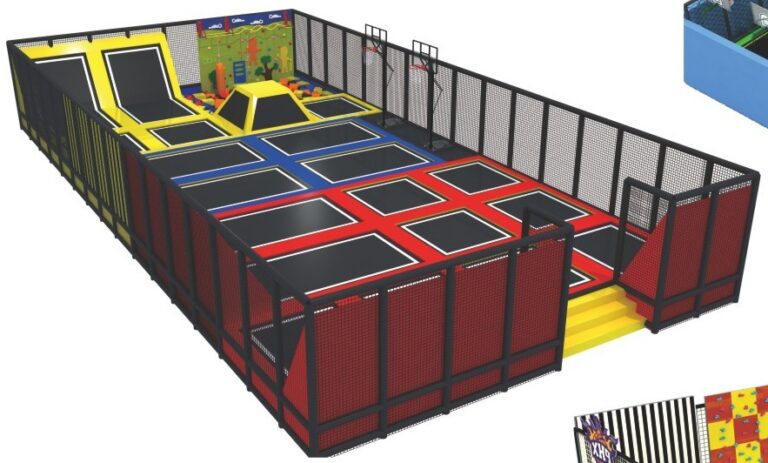 Indoor & Outdoor Playground Equipment | Soft Play, Custom Structures & Slides | Xinjiu Enclosed indoor trampoline court with linked jumping beds and angled wall trampolines