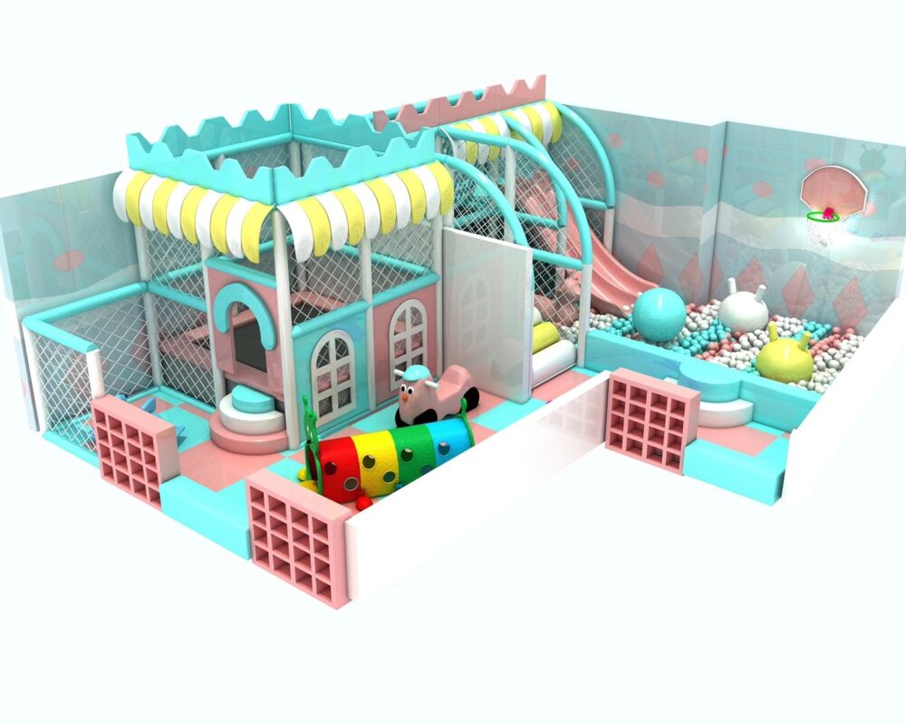 Indoor & Outdoor Playground Equipment | Soft Play, Custom Structures & Slides | Xinjiu Pastel indoor soft play playground with mint towers, pink slides and a ball pool