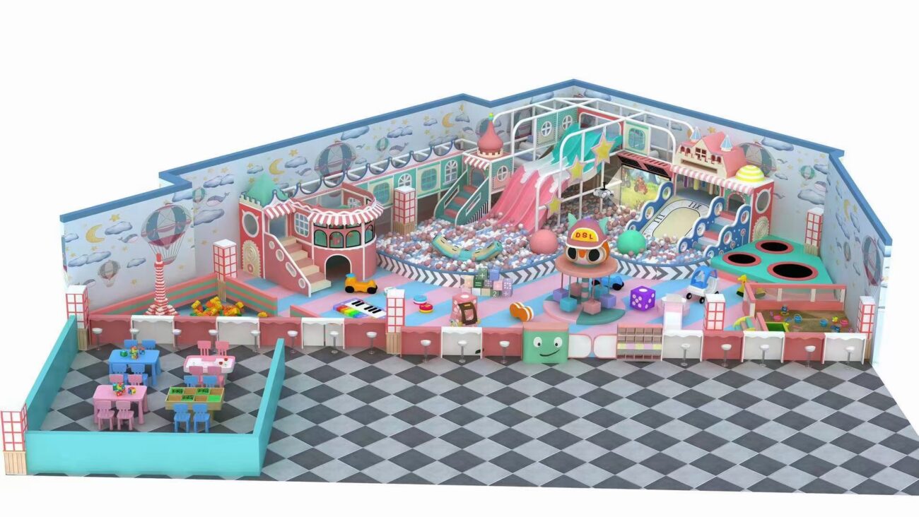 Indoor & Outdoor Playground Equipment | Soft Play, Custom Structures & Slides | Xinjiu Large pastel indoor play center with multi-level towers, pink slides, ball pools and activity tables