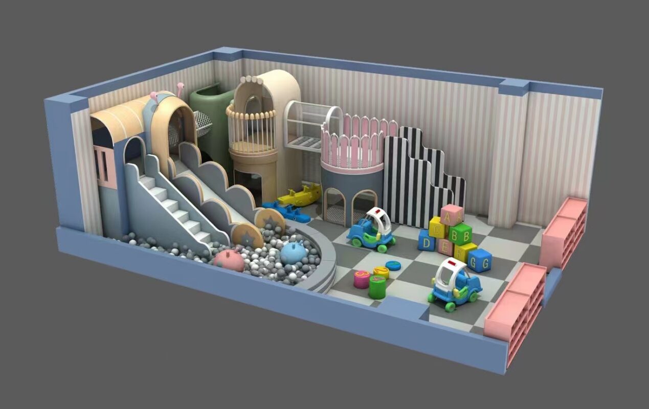 Indoor & Outdoor Playground Equipment | Soft Play, Custom Structures & Slides | Xinjiu Pastel twin tower indoor soft play structure with connecting tube and round ball pool