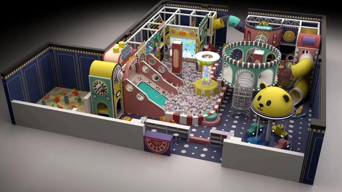Vintage theme indoor playground with clock towers, tunnels, slides and a ball pool