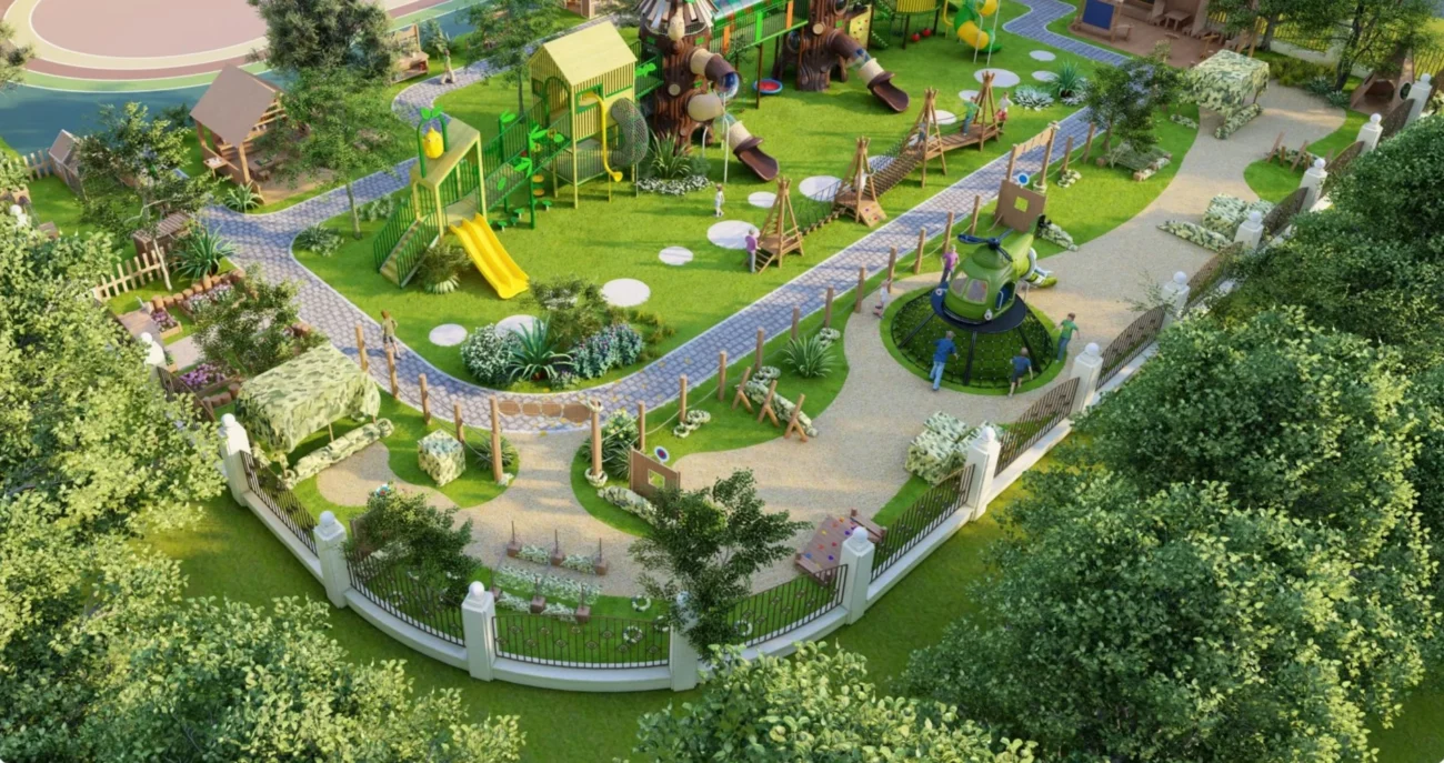 03关于我们页-About Wenzhou Xinjiu Amusement | Custom Playground Manufacturer Aerial 3D playground masterplan with multiple activity zones