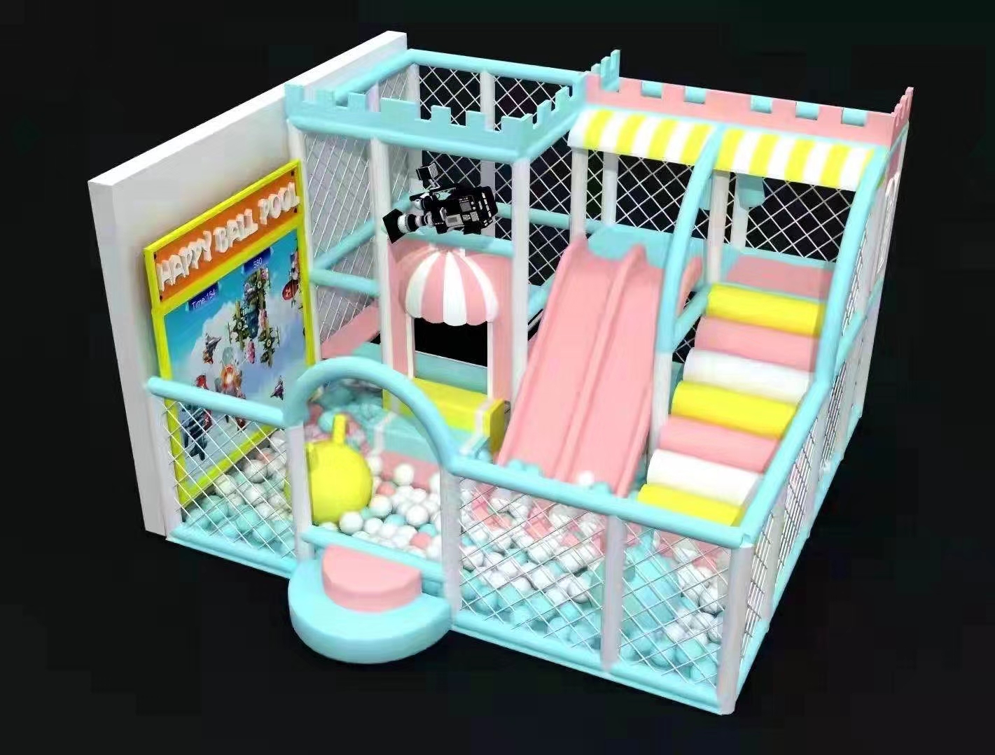 03关于我们页-About Wenzhou Xinjiu Amusement | Custom Playground Manufacturer Mint and pink indoor soft play design concept with slides, padded steps and a ball pool