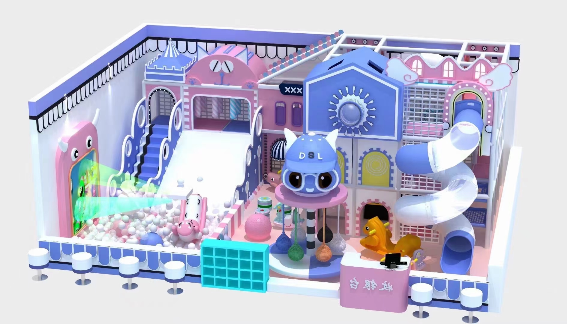 05联系我们页-Contact Us Purple and pink themed indoor soft play concept with slides, a ball pool and connected activity structures